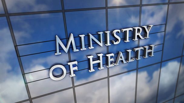 Ministry of Health on glass building. Mirrored sky and city modern facade. Healthcare, government, epidemic, virus, prevention and medical concept 3D rendering illustration. - Photo, Image