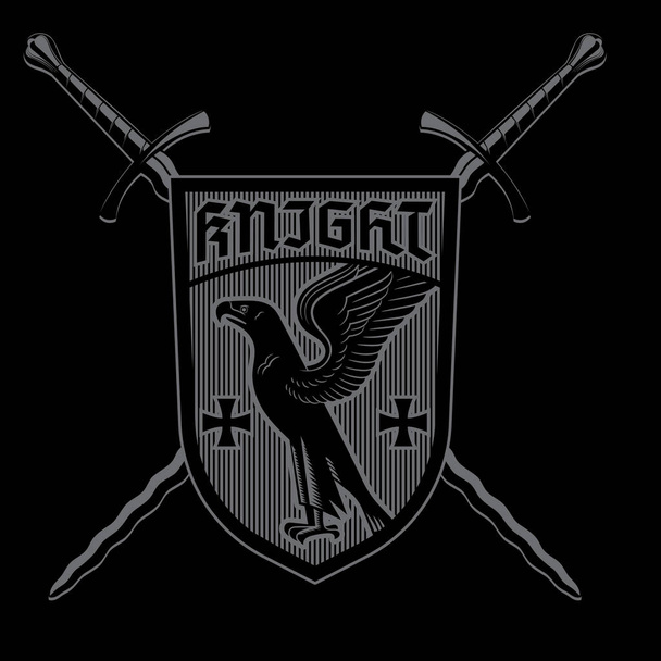 Knight Design. Krzyżowany miecz rycerski i heraldyczna tarcza z orłem - Wektor, obraz