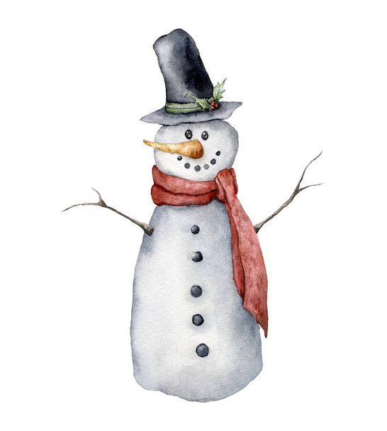 水彩の雪だるま。白い背景に隔離された帽子、スカーフ、ニンジンでクリスマスイラストを描いた手。デザイン、印刷、生地や背景のための休日のカード. - 写真・画像