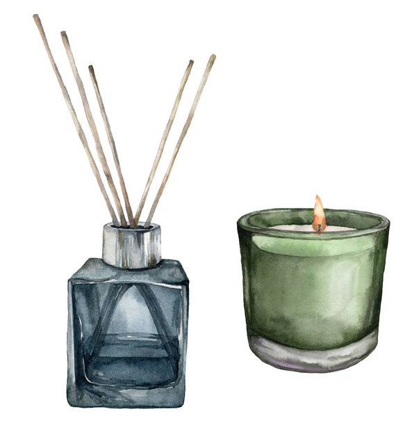 Watercolor Christmas scented candle and aroma diffuser with sticks. Hand painted winter holiday illustration isolated on white background. For design, print, fabric or background. - Photo, Image