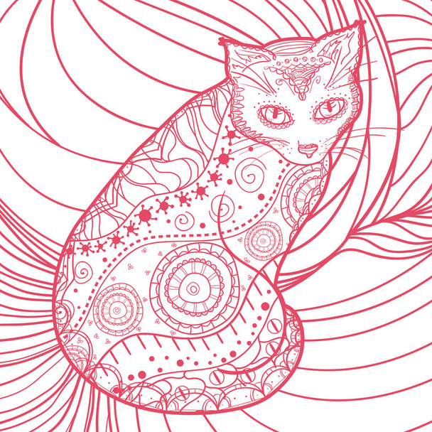 Neliön tausta kuviollinen kissa. Käsin piirretty eläin abstrakteja kuvioita. Viivataide - Vektori, kuva