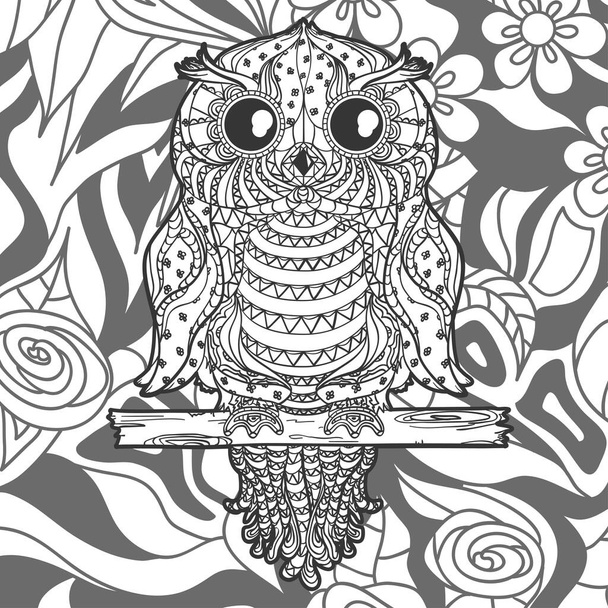Kwadratowy kształt z wzorzystą sową. Ręcznie rysowana mandala na odizolowanym tle. Czarno-białe ilustracje - Wektor, obraz