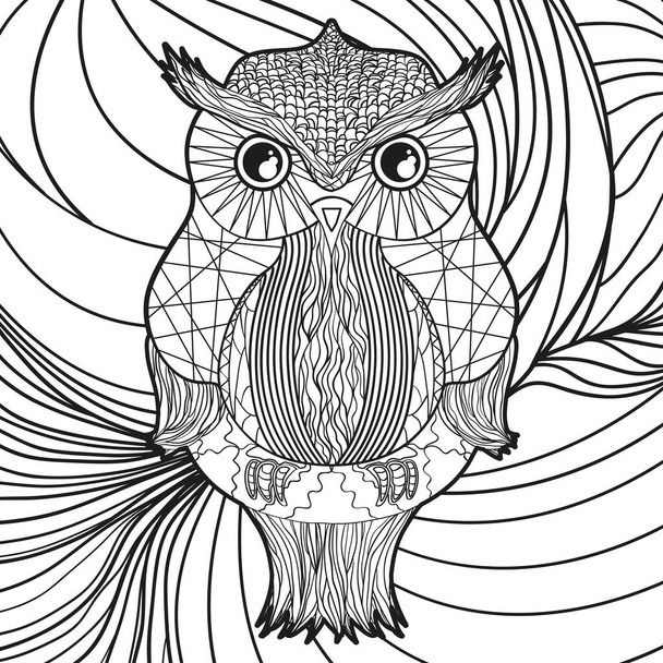 Квадратный декоративный фон с узорчатой совой. Ручной рисунок на изолированном фоне. Черно-белая иллюстрация - Вектор,изображение
