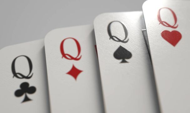 Lähikuva neljän kasinokuningattaren fanned out puvusta pelikortilla kevyellä taustalla - 3D-renderöinti - Valokuva, kuva