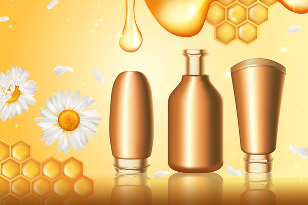 Hunaja kosmetiikka sarja vektori kuvitus, hunaja ihonhoito kerma tuote joukko 3d realistinen kultainen säiliö pullo pakkaus kulta tausta - Vektori, kuva