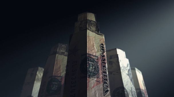 Un concept représentant des gratte-ciel en origami formés à partir de billets en dollars américains pliés sur un fond sombre et lunatique - rendu 3D - Photo, image