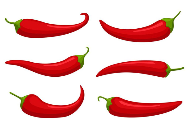 Hot červená Chladné papriky nastavit izolované na bílém pozadí, karikatura mexické chilli, paprika ikové znaky. Symboly kořeněného jídla, kajenské papriky. Vektorová ilustrace - Vektor, obrázek