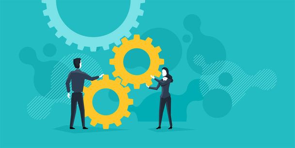 Man and woman with gears - teamwork management - Vector, Image