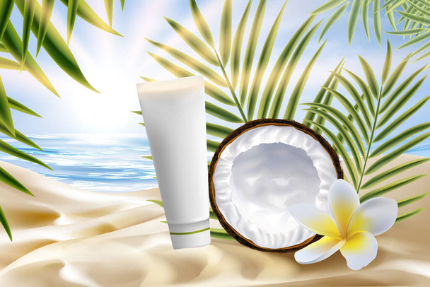 Cosmética de coco producto paquete vector ilustración, embalaje tubo realista para los procedimientos de belleza en la playa de mar y hojas de palma - Vector, imagen