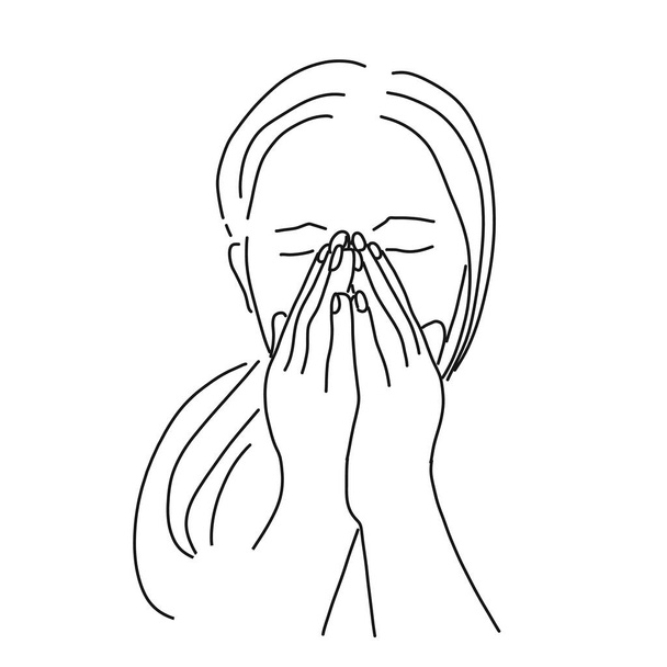 Femme couvre son visage avec ses mains et éternue - Vecteur, image