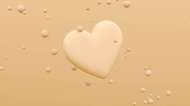 Ein großes, glänzendes Herz fliegt in der Luft auf gelbem Hintergrund mit schwebenden Kugeln. Modernes Cover-Design. 3D-Illustration. - Foto, Bild