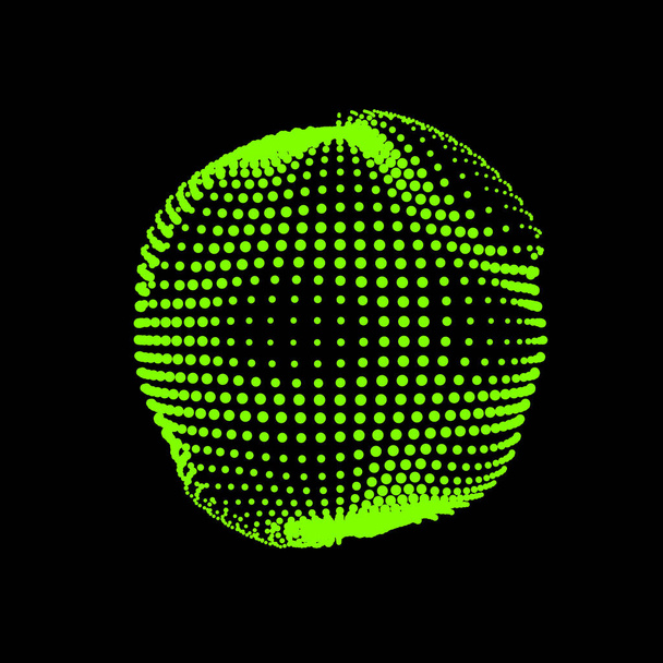 Una esfera deformada y desinflada formada por un mar de puntos. Una esfera de desequilibrio inestable, iridiscente con deformaciones lisas abstractas. Forma vectorial para un logotipo extraordinario. - Vector, imagen