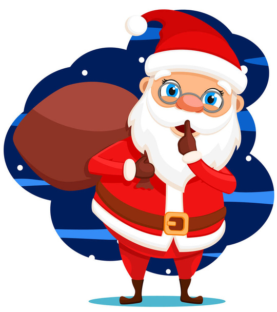 Santa claus with a bag behind his back says tc on a night background, character. Happy New Year and Merry Christmas - Vector, Image