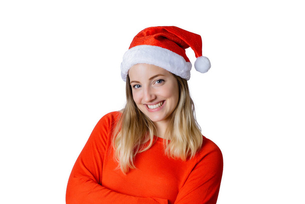 Portrait of young beautiful woman wearing christmas hat against white background on studio. Christmas and holiday concept. - Foto, Imagen