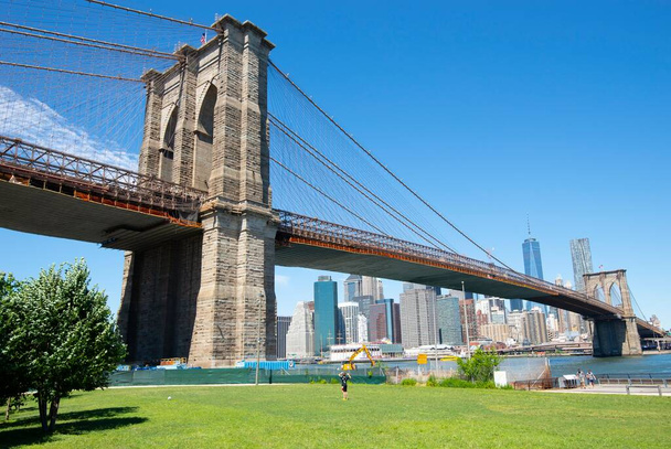 Widok na most Brooklyński i Manhattan z Empire Fulton Ferry Park - Nowy Jork - Zdjęcie, obraz