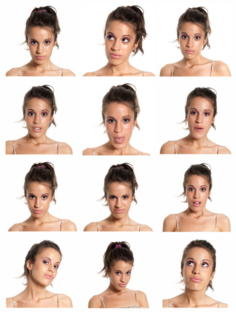 junge Frau Gesichtsausdrücke zusammengesetzt isoliert auf weißem Hintergrund - Foto, Bild