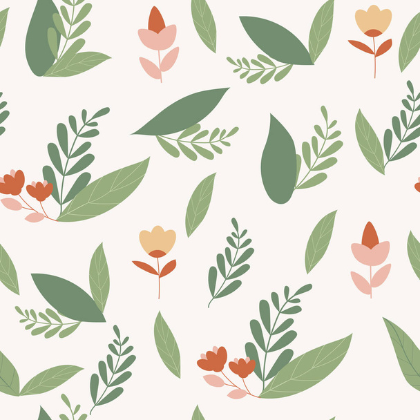 Spring seamless pattern of green leaves and wild flowers. Theme of ecology, environment, nature protection. For paper, covers, fabrics - Vector, Image