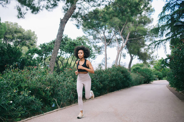 Focused ethnic female in sportswear and sneakers jogging along path in park near bushes in summer day on city street - Foto, Imagem
