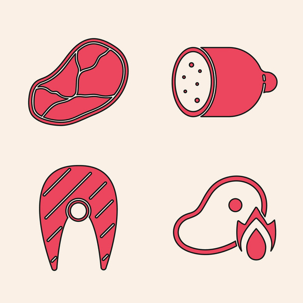 Set Grilled steak meat and fire flame, Steak meat, Salami sausage and Fish steak icon. Vector. - Vector, Image