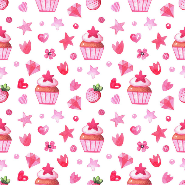 Aquarel desserts en bessen naadloos patroon. Achtergrond met snoep, bladeren, taart, aardbeien voor girly. - Foto, afbeelding