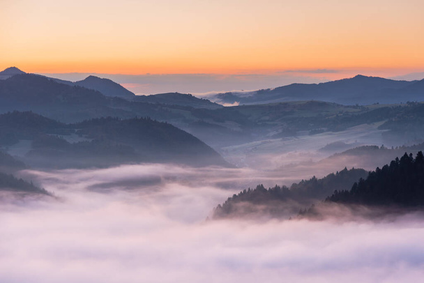Wspaniałe krajobrazy jesiennych gór pokryte mgłą, sięgające odległych, pokrytych śniegiem szczytów Tatr Wysokich - Zdjęcie, obraz