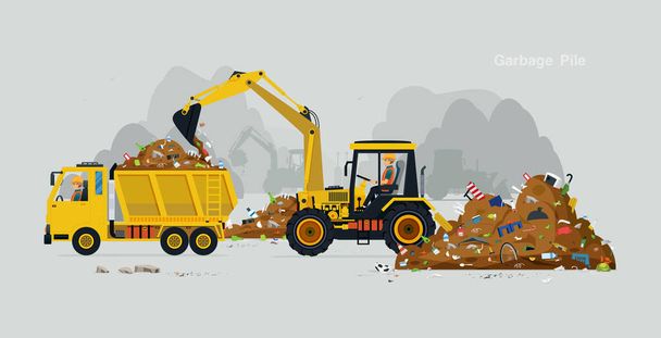 Gli operai guidano l'escavatore per raccogliere la spazzatura nel camion. - Vettoriali, immagini