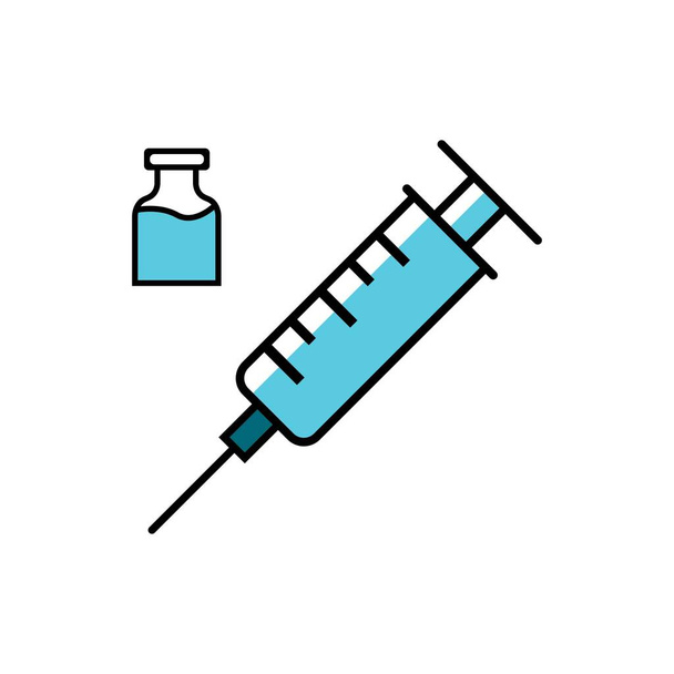 Lineární ikona vakcinace. Injekční stříkačka s injekční lahvičkou. Běžná prevence nachlazení. Imunizační injekce. Léky a lékárna. Tenká čára ilustrace. Symbol tvaru. Vektorový izolovaný obrys. Upravitelný tah - Vektor, obrázek