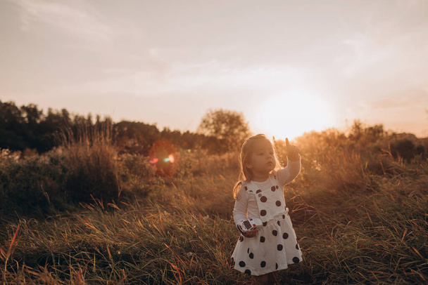 Menina caminha em um campo de verão ao pôr do sol - Foto, Imagem