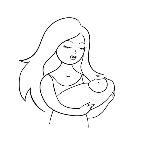 Fiatal anya egy gyerekkel a karjában. A nőnek boldog mosoly van az arcán. Vektor rajzfilm illusztráció vonalak. - Vektor, kép
