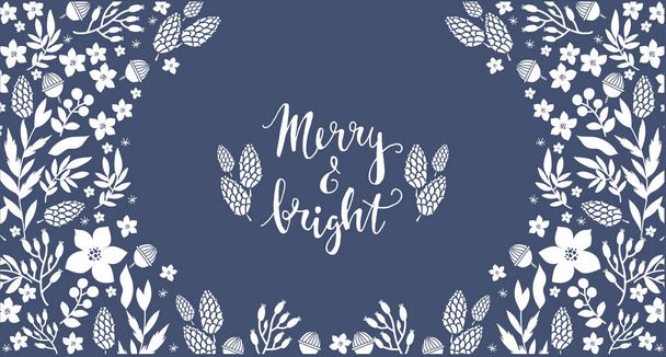 Happy Merry Christmas and Hppy New Year background with lettering,  flowers wreath, frames. Festive christmas  background. Unique  handrawn  winter design for creeting banner, cards, invitation. Vector illustration. - Vektor, Bild
