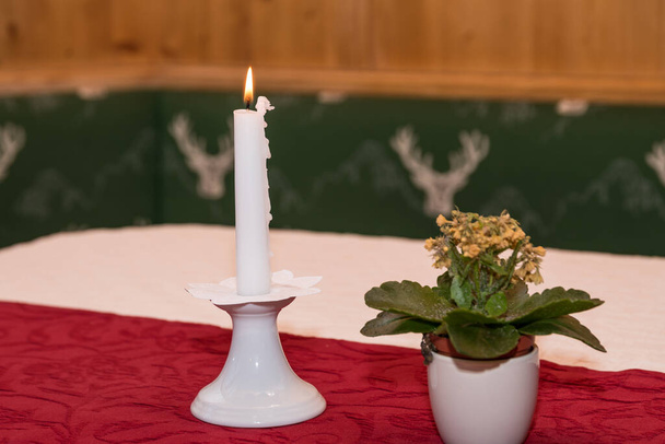 Sıcak bir akşam için mum ve çiçekli romantik masa ayarları. - Fotoğraf, Görsel