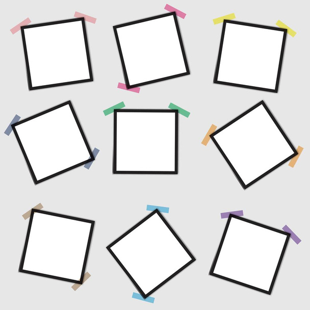 Vector mockup of a blank photo frame on a gray background with a sticky ribbon. - Vector, Image
