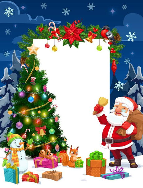Babbo Natale e pupazzo di neve con regali di Natale, albero di Natale e segno bianco. Natale vettoriale con campana di Natale, neve, scatole regalo e bastoncini di zucchero, fiocchi di neve, palle e luci, bacca di agrifoglio, poinsettia e spazio copia - Vettoriali, immagini