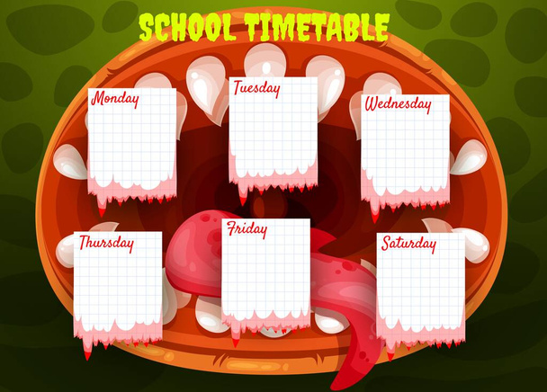 Stundenplan oder Bildungsplan Vektorvorlage mit Cartoon-Halloween-Monster Mund und Zähne Rahmen Hintergrund. Studentenplaner, wöchentlicher Stundenplan, Schülerstudienplan mit schreiendem Monster - Vektor, Bild