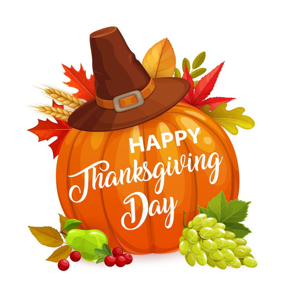 Boldog Hálaadást vektor poszter rajzfilm tök, kalap, őszi levelek juhar, szilfa és evező, búza fül és szőlő, körte és áfonya. Köszönet Ünnepi üdvözlőlap, gratulálok - Vektor, kép