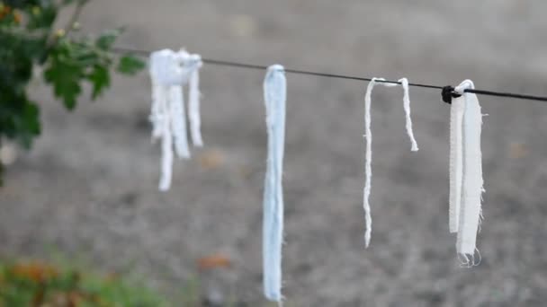 Le corde bianche pendono da un filo vicino al giardino anteriore. Stracci bianchi o pezzi di banda - Filmati, video