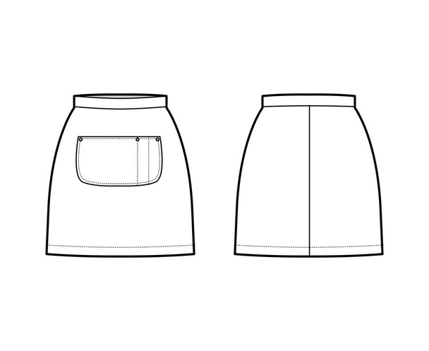 Jupe tablier illustration de mode technique avec mini silhouette, plénitude du crayon, grande poche centrale Modèle bas plat - Vecteur, image