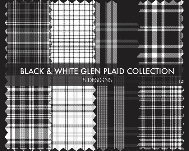 Black and White Glen Plaid Tartan seamless pattern collection includes 8 designs for fashion textiles and graphics - Vector, Image