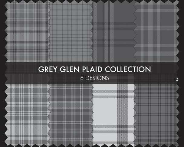 Gris Glen Plaid Tartán colección de patrones sin costura incluye 8 diseños para textiles de moda y gráficos - Vector, Imagen
