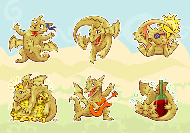 cute golden dragon stickers set, emotions and activities - Vector, Image