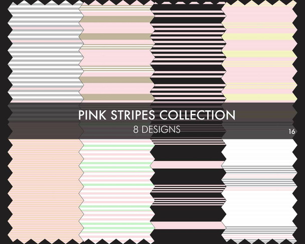 Die rosa gestreifte, nahtlose Musterkollektion umfasst 8 Designs für Modetextilien, Grafiken - Vektor, Bild