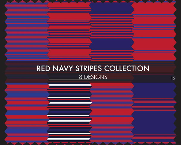 Rot Navy gestreifte nahtlose Musterkollektion enthält 8 Designs für Modetextilien, Grafiken - Vektor, Bild