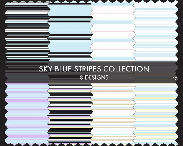 Sky Blue csíkos varrat nélküli mintagyűjtemény tartalmaz 8 minták divat textíliák, grafika - Vektor, kép