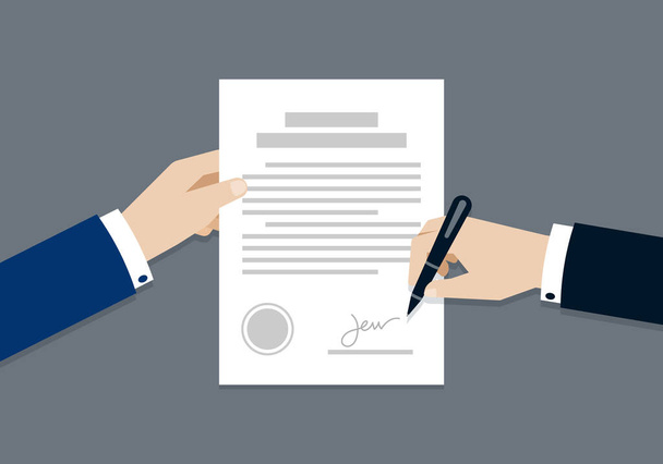Twee Businessman ondertekening op contract document papier, Business concept van partnerschap of samenwerking, Vector Illustratie in platte stijl. - Vector, afbeelding
