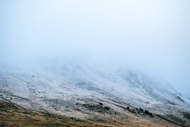 Χειμερινό τοπίο στα βουνά σε μια μυστηριώδη ατμόσφαιρα με πυκνή ομίχλη και χιόνι. Χειμερινή φύση φόντο για τα Χριστούγεννα με λευκό χώρο για αντίγραφο χώρο. - Φωτογραφία, εικόνα