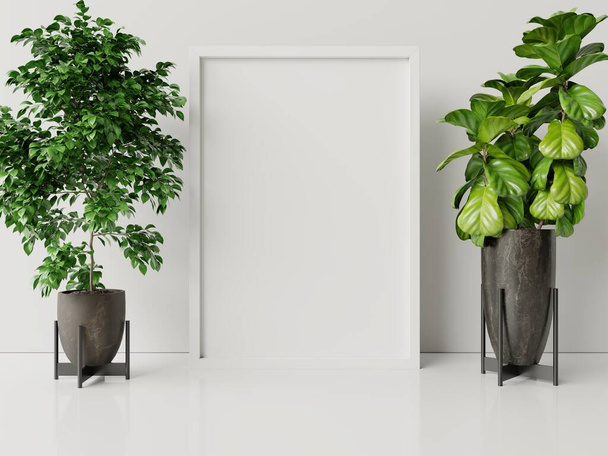 Внутрішній плакат насміхається з рослинного горщика, квітка в кімнаті з білою стіною. 3D візуалізація
. - Фото, зображення