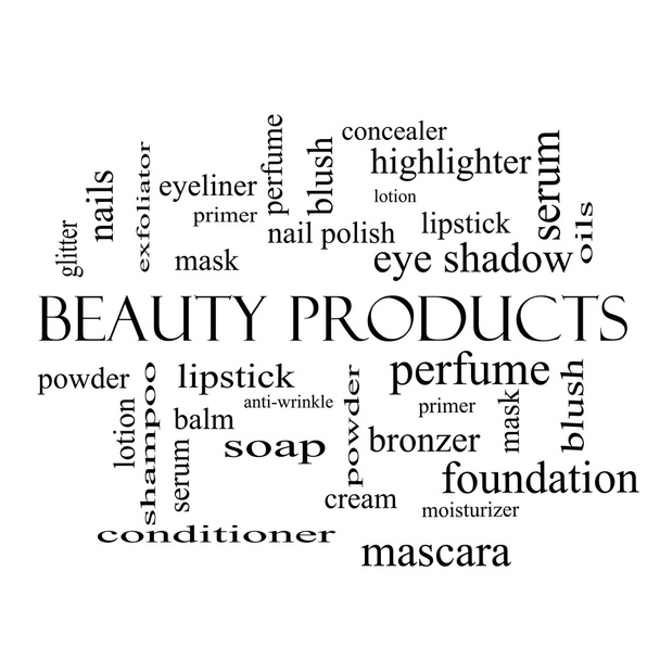 kosmetické výrobky slovo mrak koncepce v černé a bílé - Fotografie, Obrázek