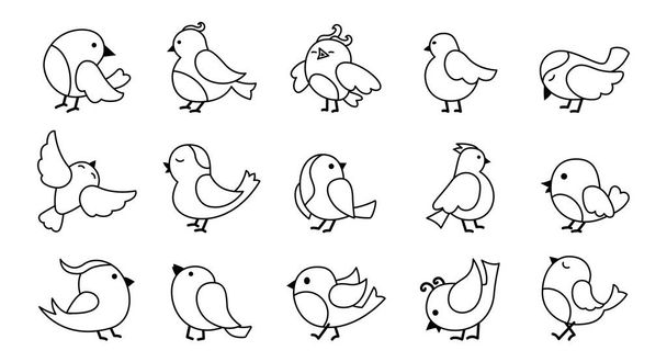 Pássaro diferente pose linha preta desenho animado conjunto vetor - Vetor, Imagem