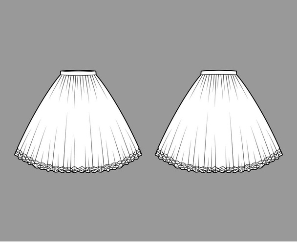 Skirt tutu crinoline technical fashion illustration with knee silhouette, circular fullness, thin waistband. Flat bottom - Vector, Imagen
