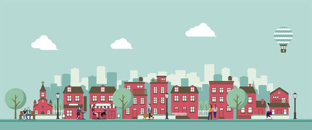 Modern city / town street flat vector illustration (People in daily life) - Vektor, Bild